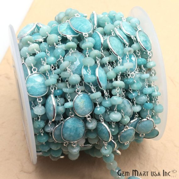 Amazonite Beads & Bezel Connector 6-7mm Silver Plated Rosary Chain - GemMartUSA