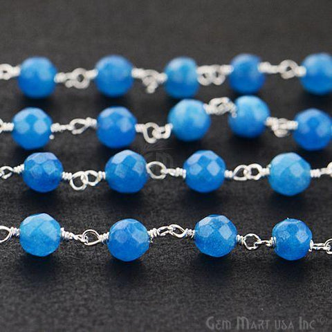Blue Jade Beads Silver Plated Wire Wrapped Rosary Chain (763815755823)