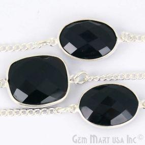 Black Onyx 10-15mm Silver Plated Mix Shape Bezel Connector Chain