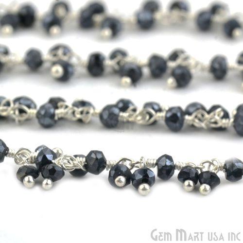 Black Pyrite Faceted Beads Silver Plated Wire Wrapped Cluster Dangle Rosary Chain (764222636079)