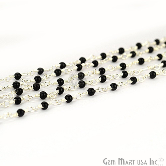 Black Spinel Smooth Silver Plated Wire Wrapped Gemstone Beads Rosary Chain (763819753519)