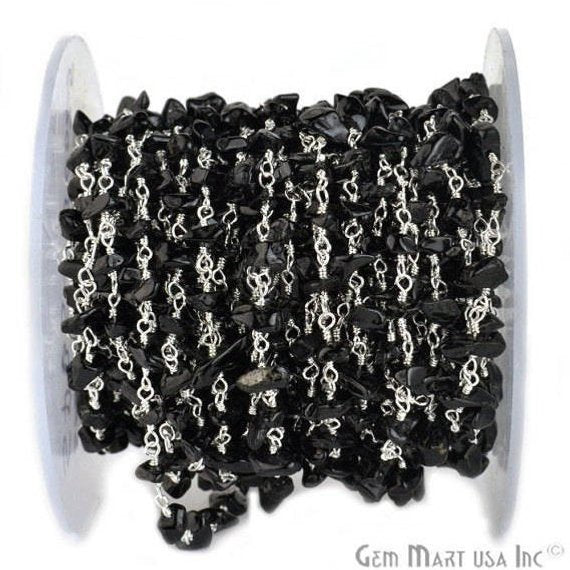 Black Spinel 4-6mm Nugget Chip Silver Plated Wire Wrapped Beaded Rosary Chain - GemMartUSA
