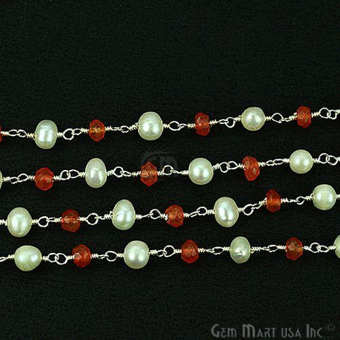Carnelian With Pearl Silver Plated Wire Wrapped Beads Rosary Chain