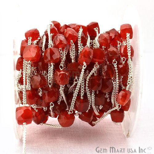 Carnelian Box Beads Chain, Silver Plated Wire Wrapped Rosary Chain (763827650607)