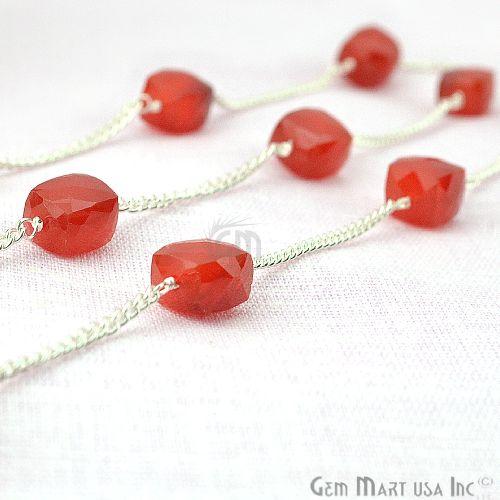 Carnelian Box Beads Chain, Silver Plated Wire Wrapped Rosary Chain (763827650607)