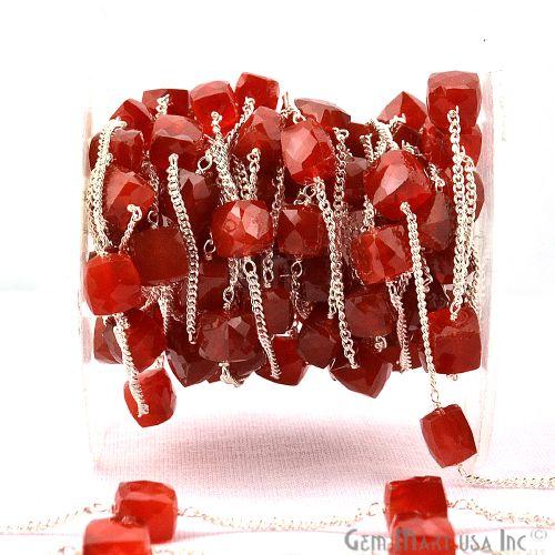 Carnelian Box Beads Chain, Silver Plated Wire Wrapped Rosary Chain (763828174895)