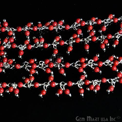 Red Coral Cluster Beads Silver Wire Wrapped Dangle Rosary Chain (764225716271)