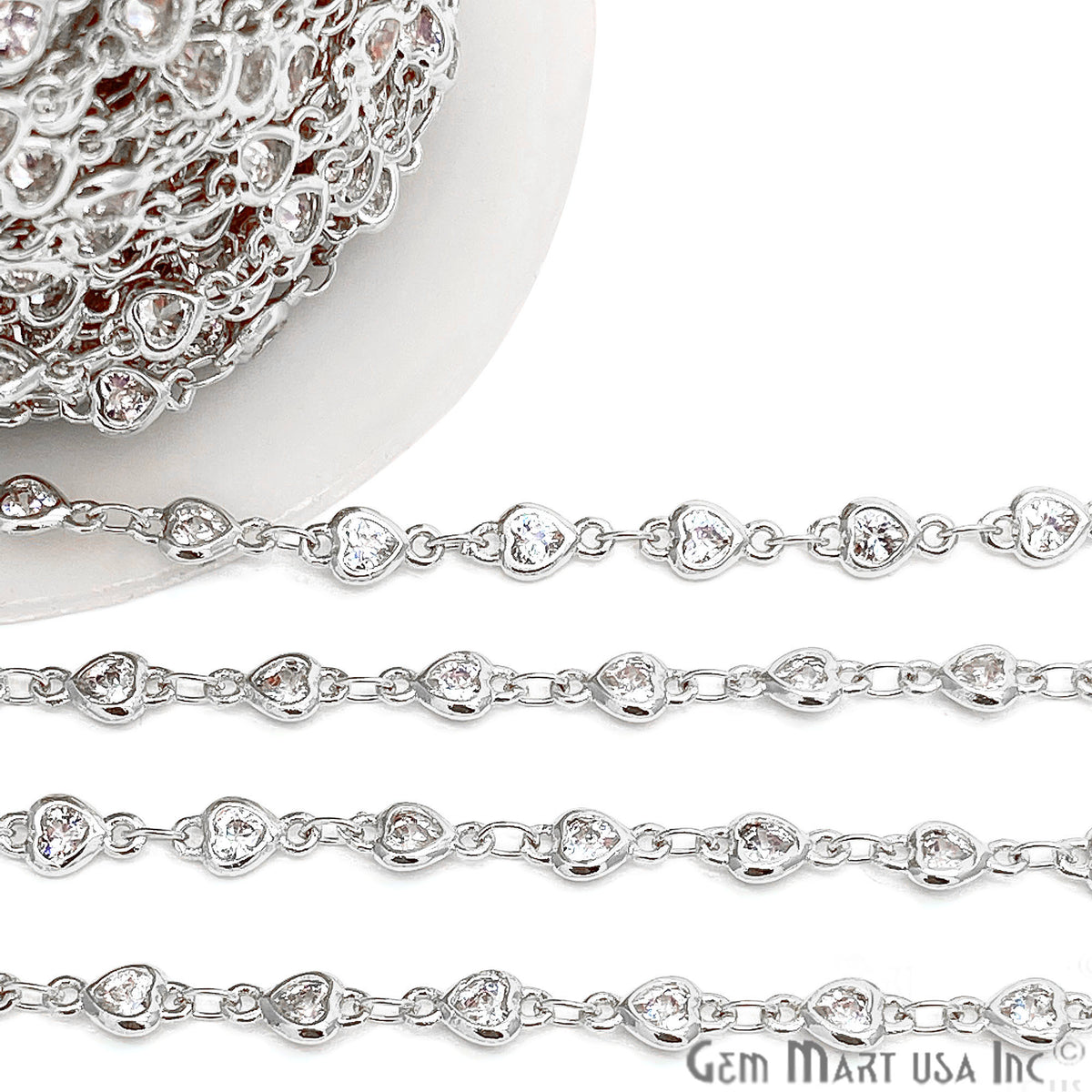 White Zircon Heart Shape 4-4.5mm Silver Plated Continuous Connector Chain - GemMartUSA