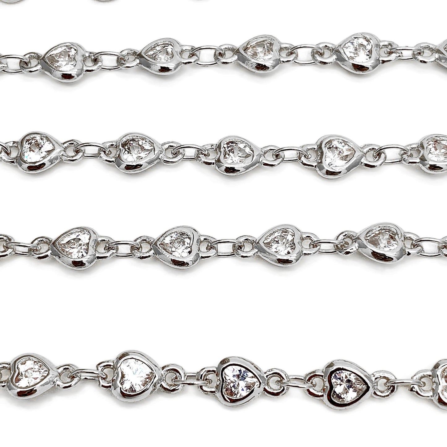 White Zircon Heart Shape 4-4.5mm Silver Plated Continuous Connector Chain - GemMartUSA