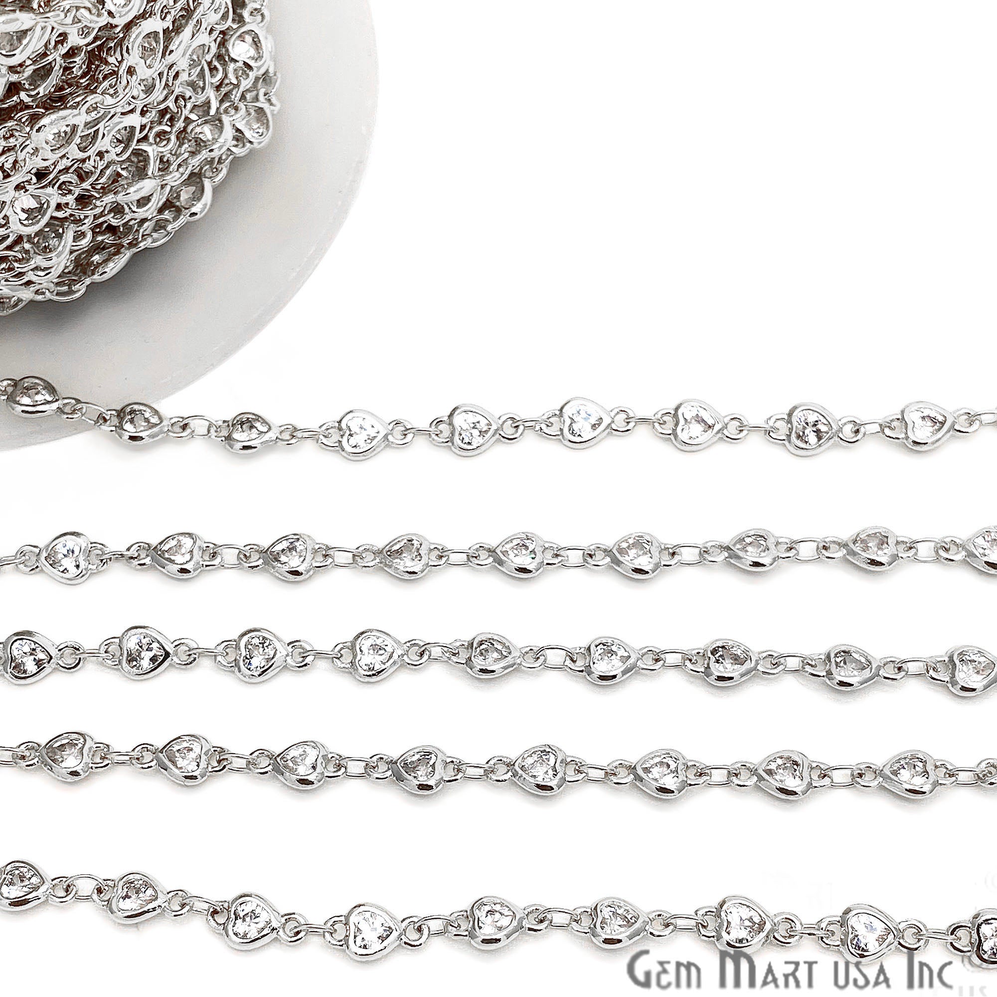 White Zircon Heart Shape 4-4.5mm Silver Plated Continuous Connector Chain - GemMartUSA