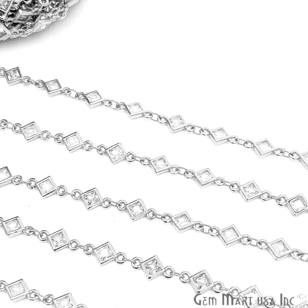 White Zircon Rhombus Shape 5.5mm Silver Plated Continuous Connector Chain - GemMartUSA