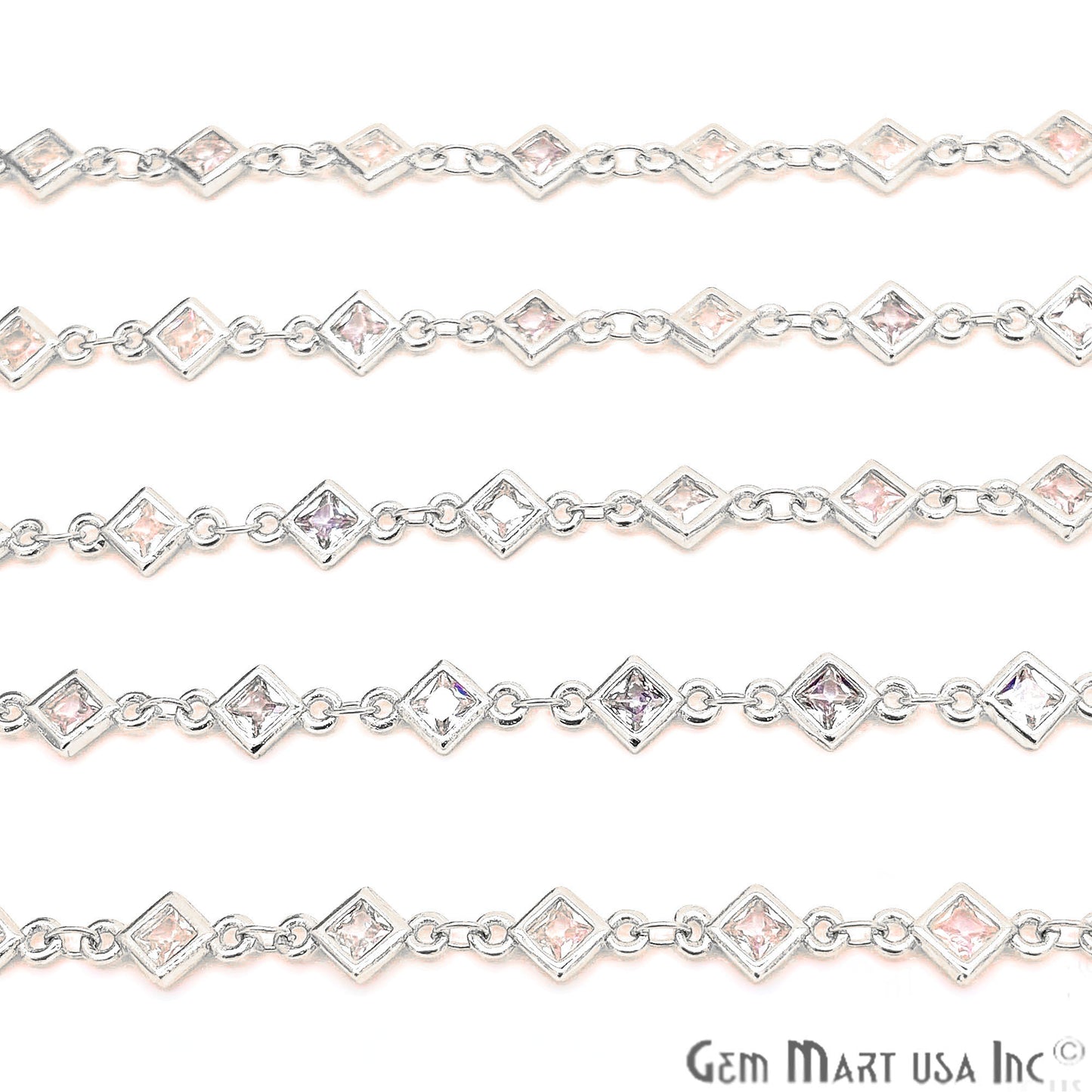 White Zircon Rhombus Shape 5.5mm Silver Plated Continuous Connector Chain - GemMartUSA