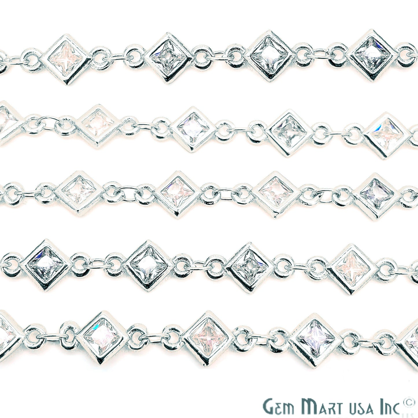 White Zircon Rhombus Shape 5.5mm Silver Plated Continuous Connector Chain - GemMartUSA