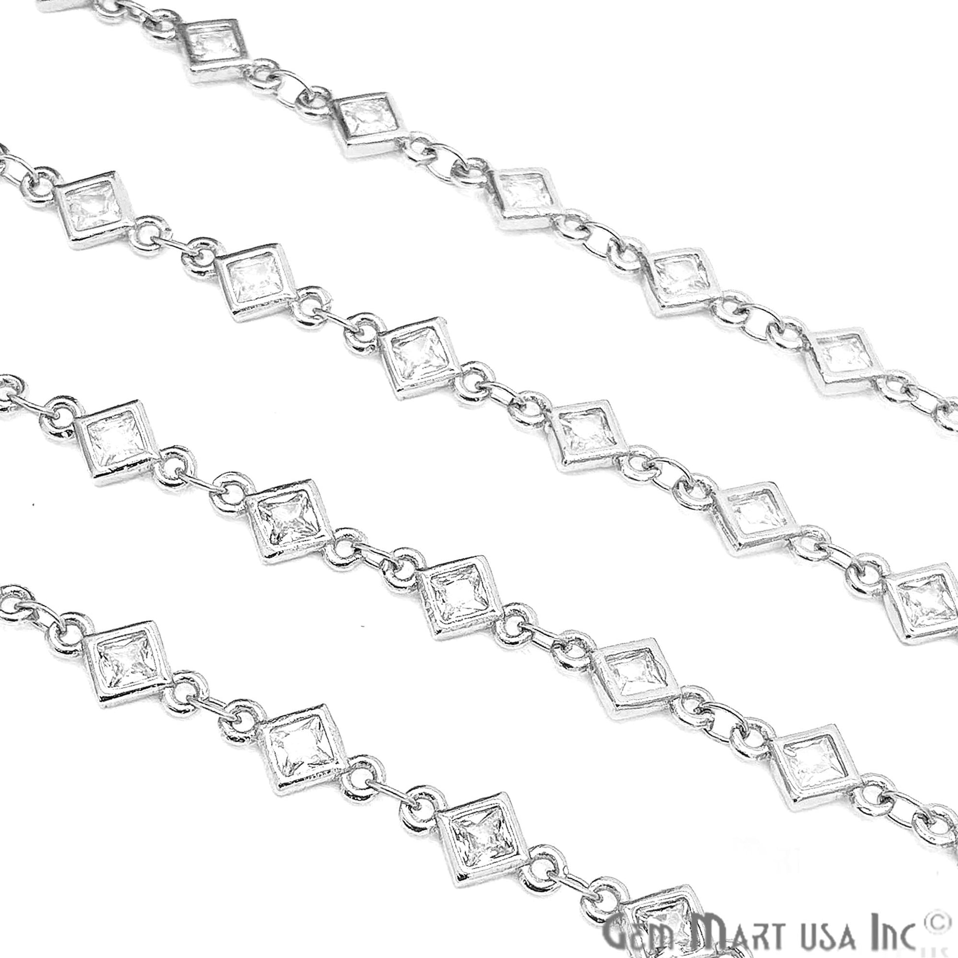 White Zircon Rhombus Shape 5.5mm Silver Plated Continuous Connector Chain - GemMartUSA