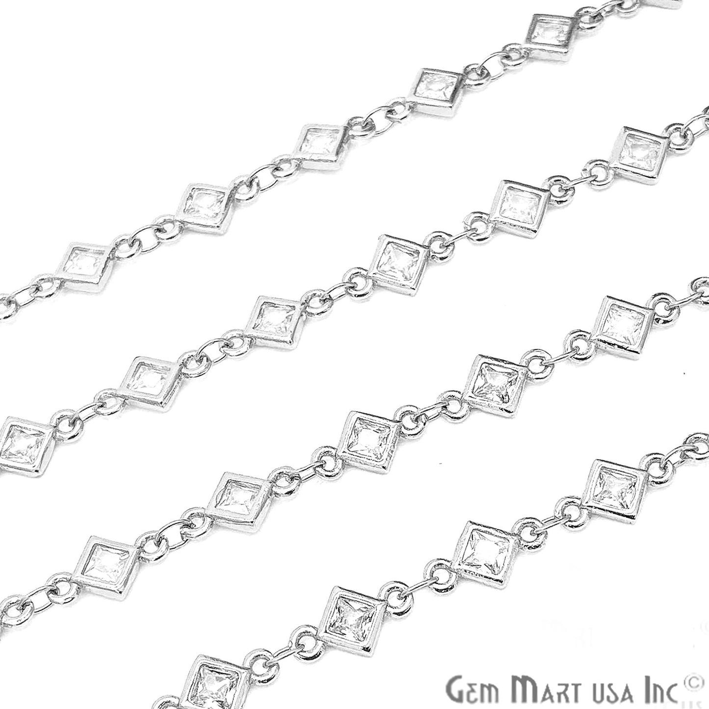 White Zircon Rhombus Shape 5.5mm Silver Plated Continuous Connector Chain - GemMartUSA