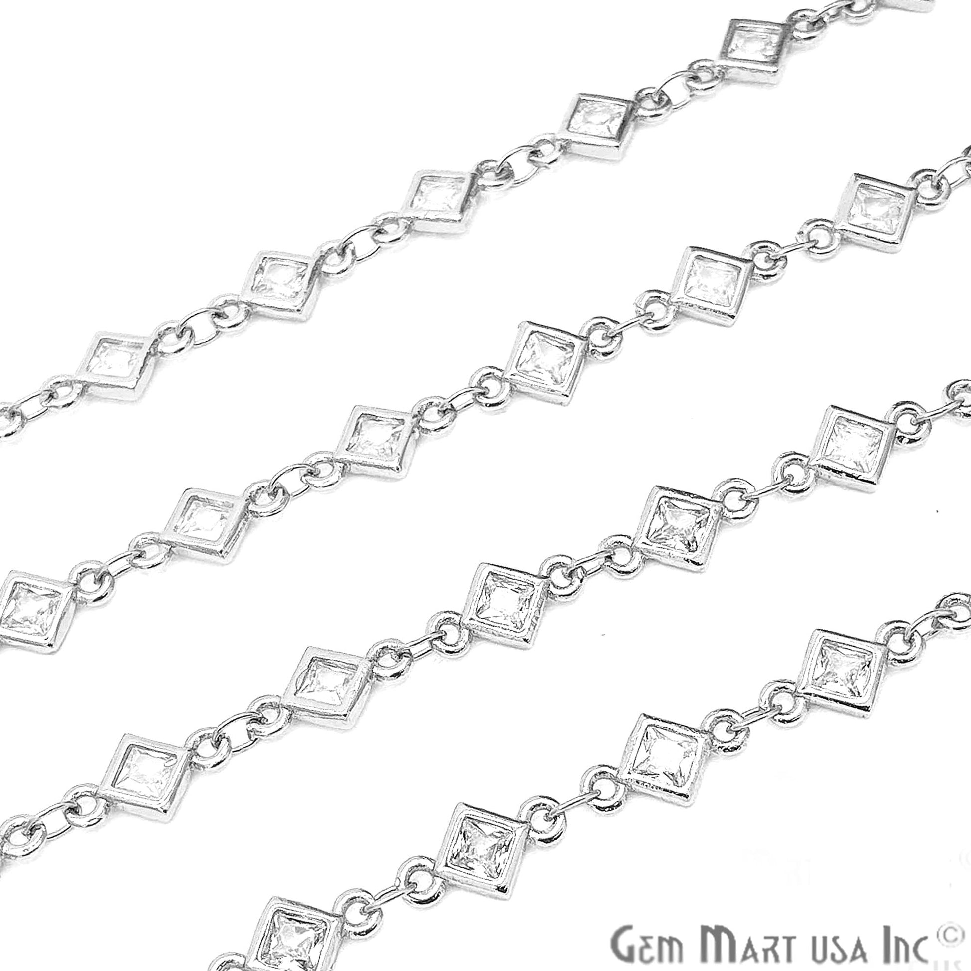 White Zircon Rhombus Shape 5.5mm Silver Plated Continuous Connector Chain - GemMartUSA