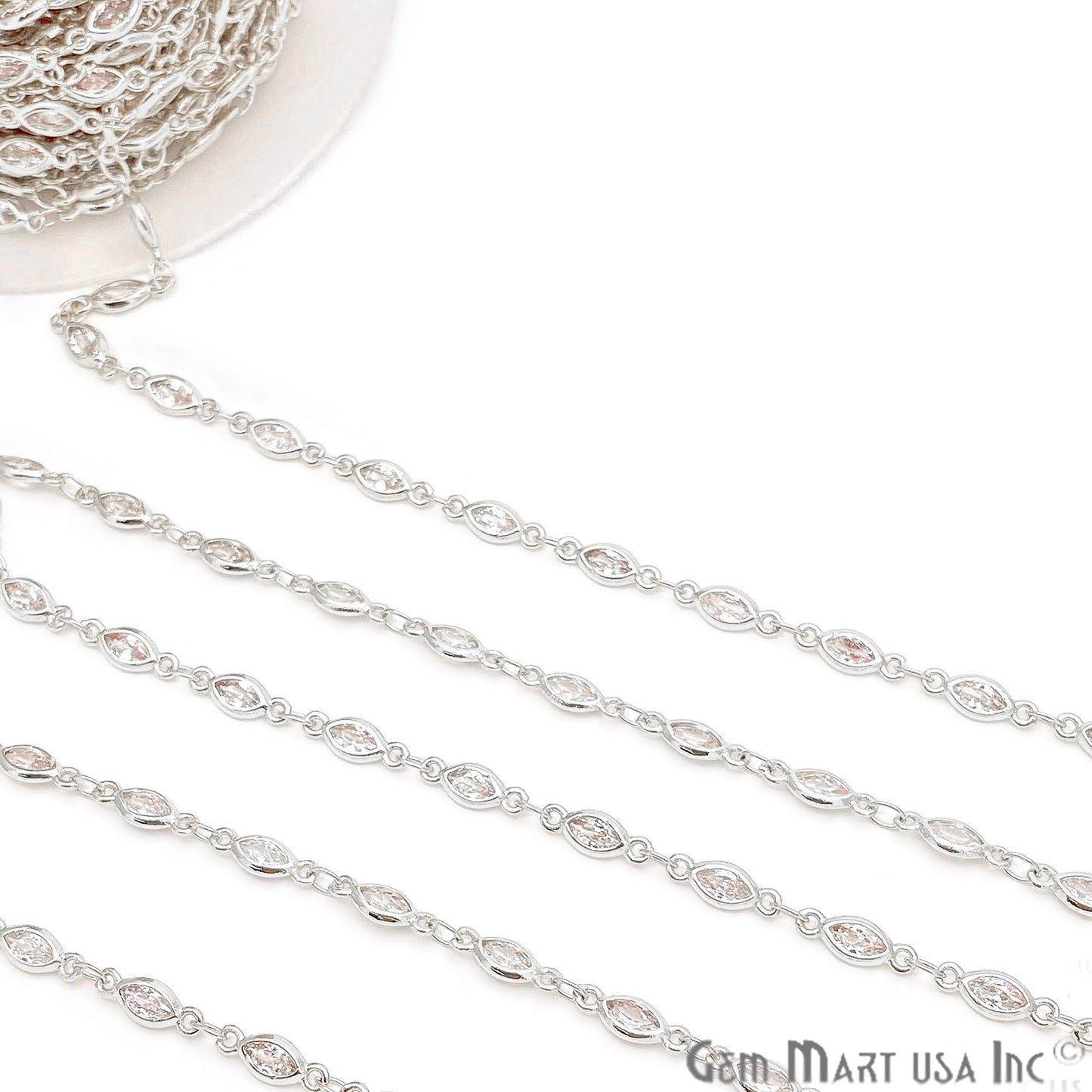 White Zircon Marquise Shape 6.5x3.5mm Silver Plated Continuous Connector Chain - GemMartUSA