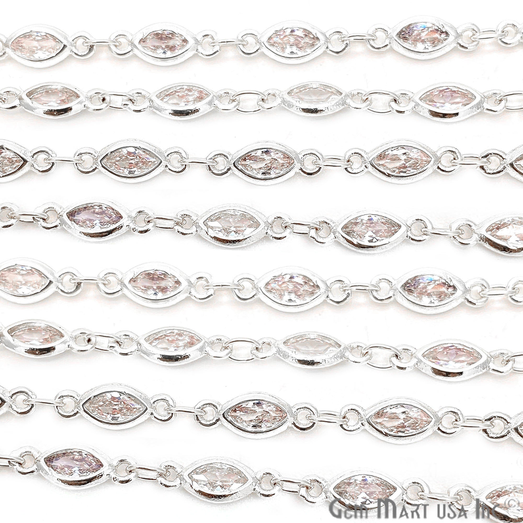White Zircon Marquise Shape 6.5x3.5mm Silver Plated Continuous Connector Chain - GemMartUSA