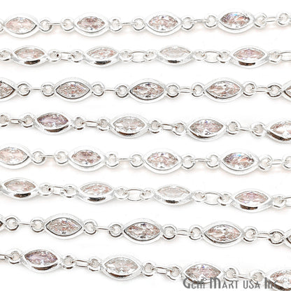 White Zircon Marquise Shape 6.5x3.5mm Silver Plated Continuous Connector Chain - GemMartUSA