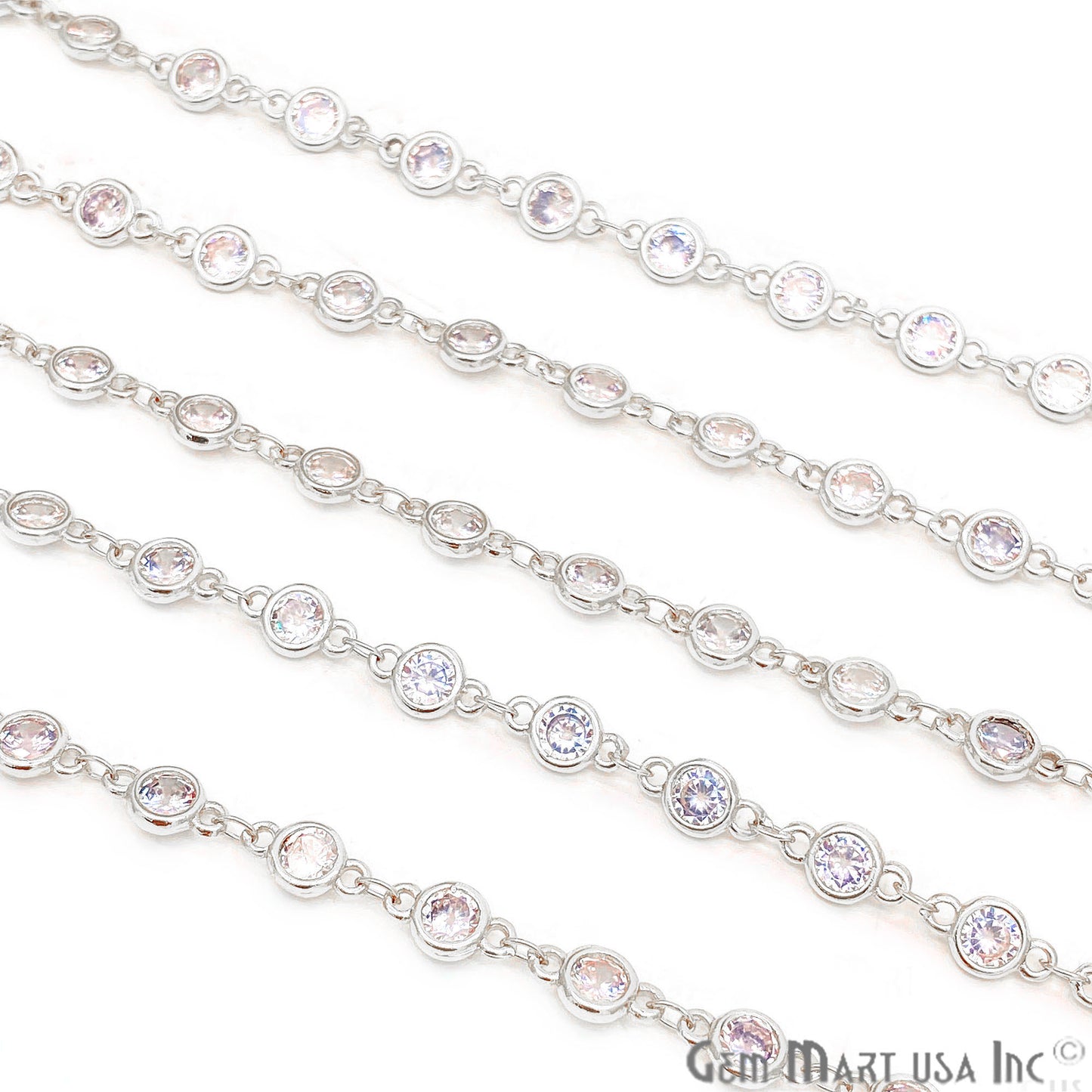 White Zircon Round Shape 5.5mm Silver Plated Continuous Connector Chain - GemMartUSA