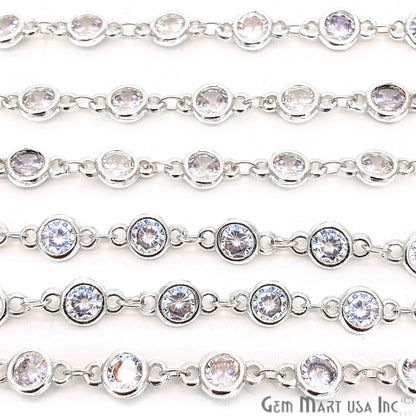 White Zircon Round Shape 5.5mm Silver Plated Continuous Connector Chain - GemMartUSA