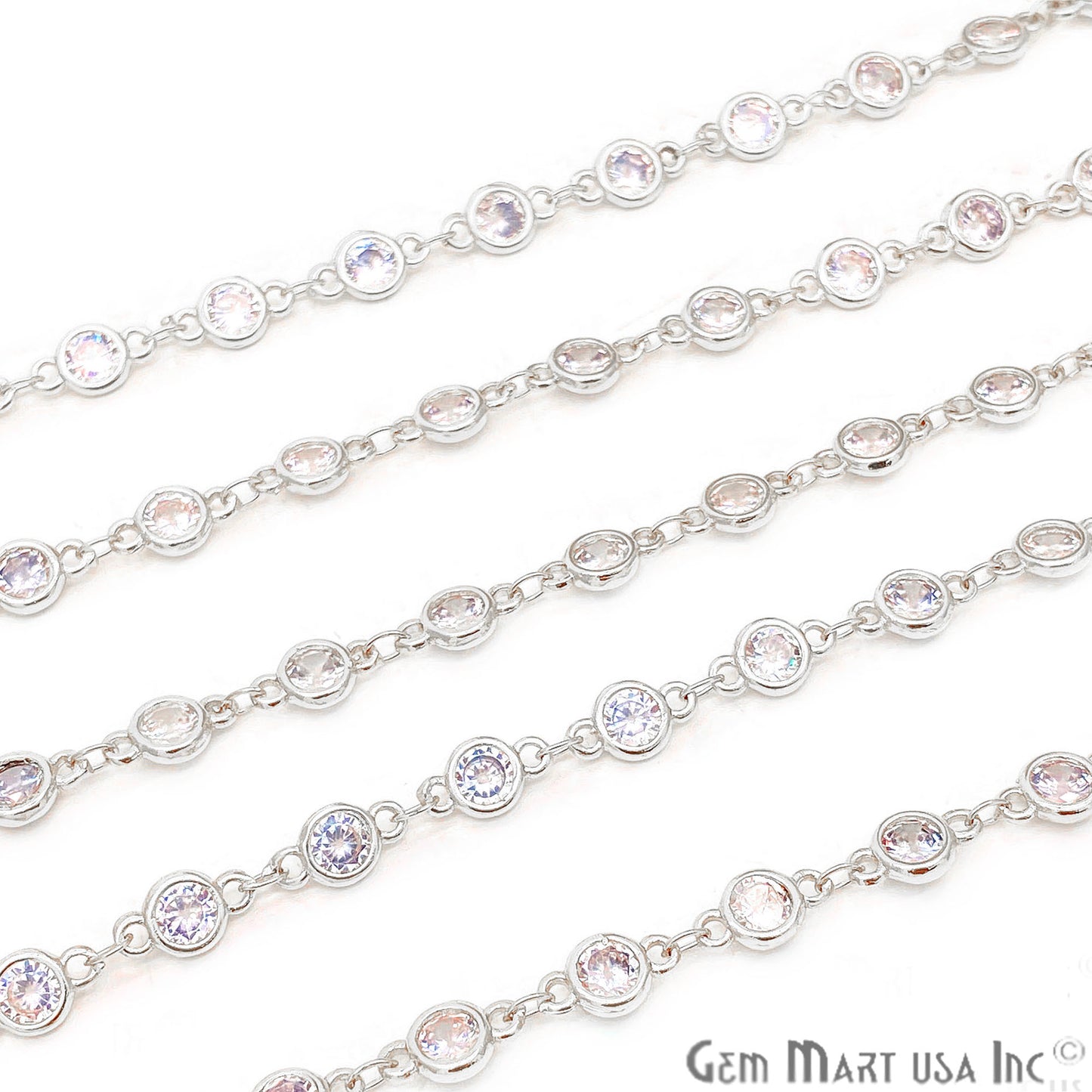 White Zircon Round Shape 5.5mm Silver Plated Continuous Connector Chain - GemMartUSA