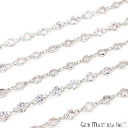 White Zircon Round Shape 5.5mm Silver Plated Continuous Connector Chain - GemMartUSA