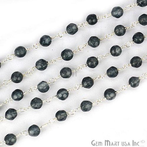 Dark Gray Jade Beads Silver Plated Wire Wrapped Rosary Chain (763832467503)