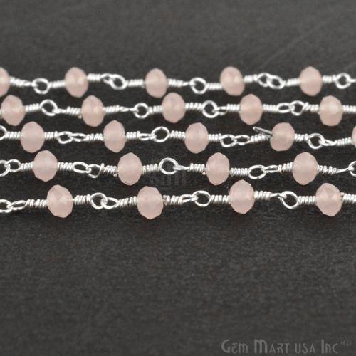 Dyed Rose Chalcedony Faceted Beads 3-3.5mm Silver Wire Wrapped Rosary Chain