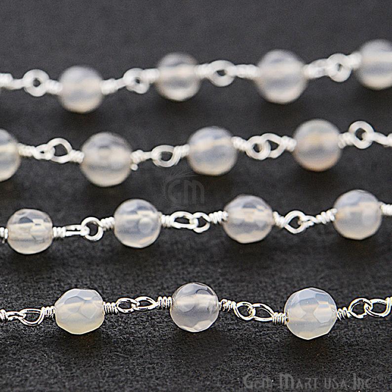 Grey Jade Faceted Beads 4mm Silver Plated Wire Wrapped Rosary Chain - GemMartUSA