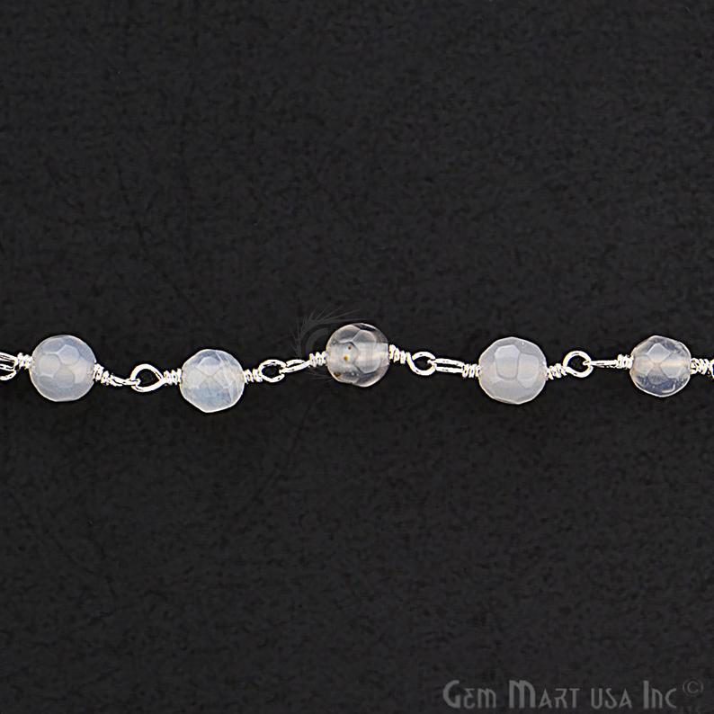 Grey Jade Faceted Beads 4mm Silver Plated Wire Wrapped Rosary Chain - GemMartUSA