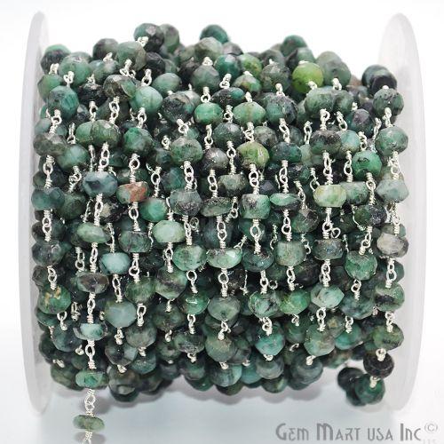 Emerald Beads Chain, Silver Plated Wire Wrapped Rosary Chain (763837415471)