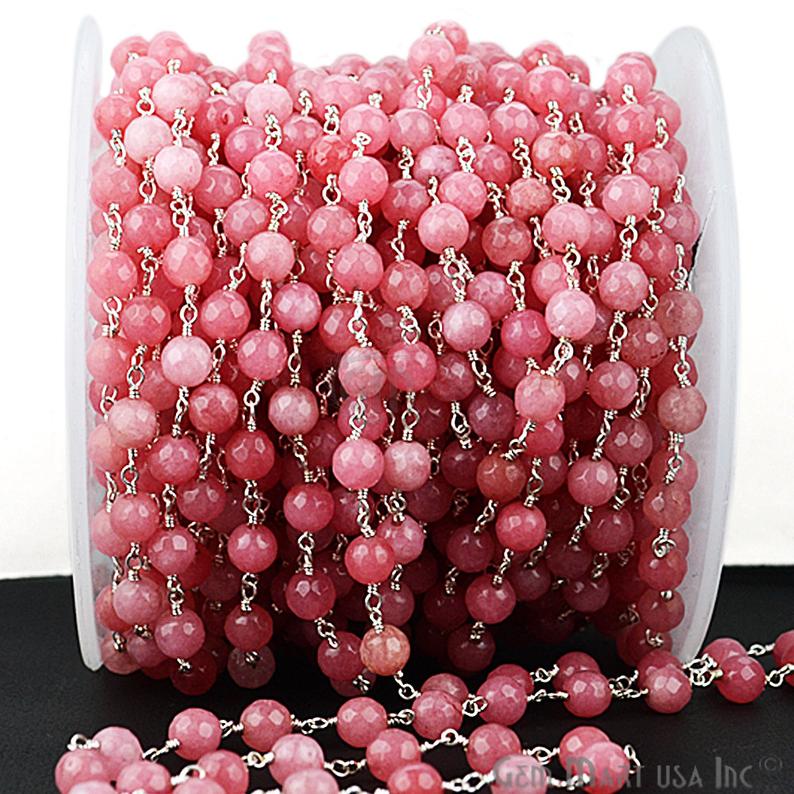 Pink Sunstone Jade Faceted Beads 6mm Silver Plated Wire Wrapped Rosary Chain - GemMartUSA