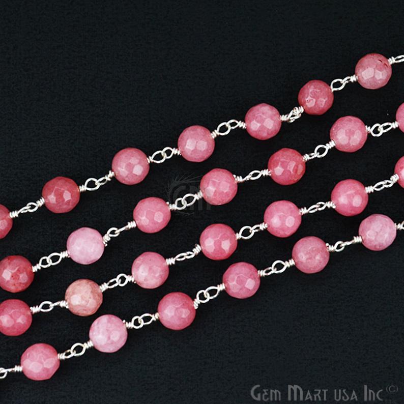 Pink Sunstone Jade Faceted Beads 6mm Silver Plated Wire Wrapped Rosary Chain - GemMartUSA