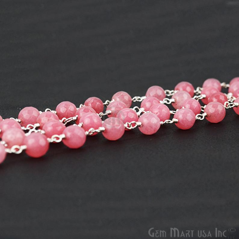 Pink Sunstone Jade Faceted Beads 6mm Silver Plated Wire Wrapped Rosary Chain - GemMartUSA