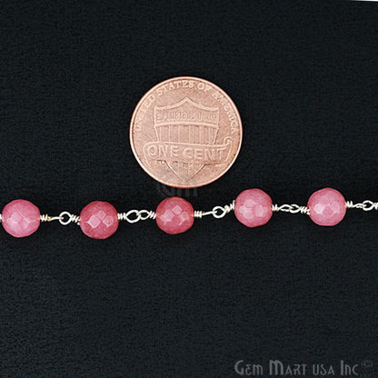 Pink Sunstone Jade Faceted Beads 6mm Silver Plated Wire Wrapped Rosary Chain - GemMartUSA