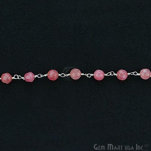 Pink Sunstone Jade Beads Silver Plated Wire Wrapped Rosary Chain (763838496815)