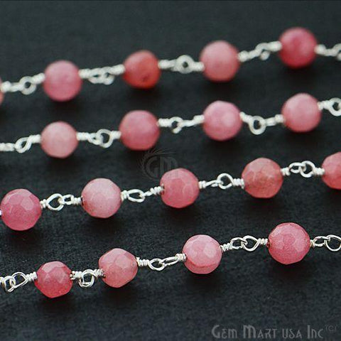 Pink Sunstone Jade Beads Silver Plated Wire Wrapped Rosary Chain (763838496815)