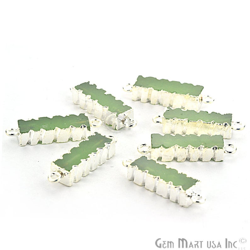 Green Chalcedony 32x9mm Double Bail Silver Edged Bar Charm Connector - GemMartUSA