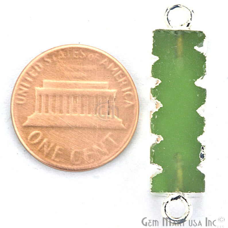 Green Chalcedony 32x9mm Double Bail Silver Edged Bar Charm Connector - GemMartUSA