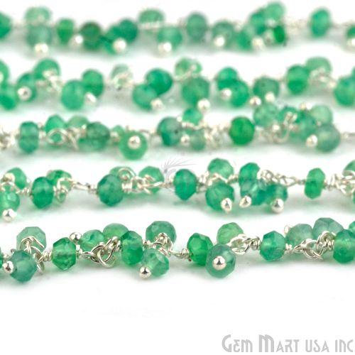 Green Onyx Faceted Beads Silver Plated Wire Wrapped Cluster Dangle Rosary Chain (764226928687)