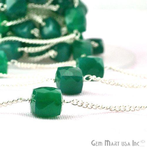 Green Onyx Box Beads Chain, Silver Plated Wire Wrapped Rosary Chain (763843674159)