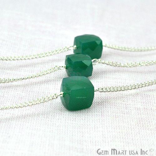 Green Onyx Box Beads Chain, Silver Plated Wire Wrapped Rosary Chain (763843674159)