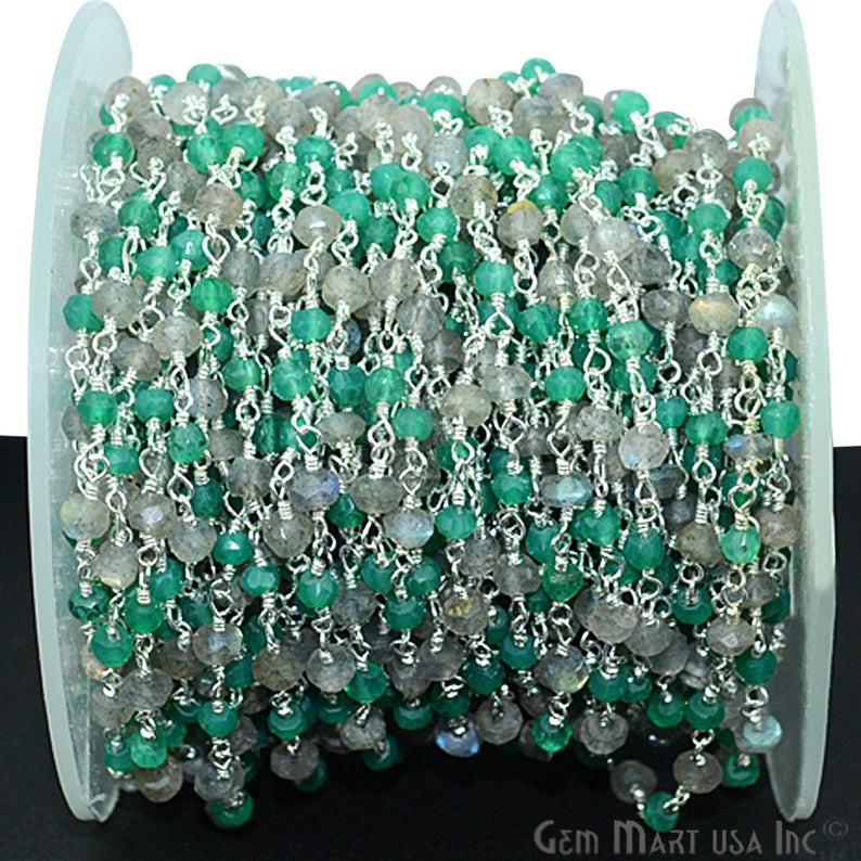 Green Onyx & Labradorite 3-3.5mm Beads Silver Wire Wrapped Rosary Chain - GemMartUSA