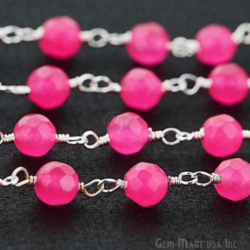 Hot Pink Jade Beads Silver Plated Wire Wrapped Rosary Chain (763848163375)