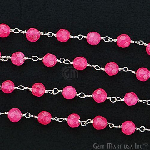 Hot Pink Jade Beads Silver Plated Wire Wrapped Rosary Chain (763848163375)