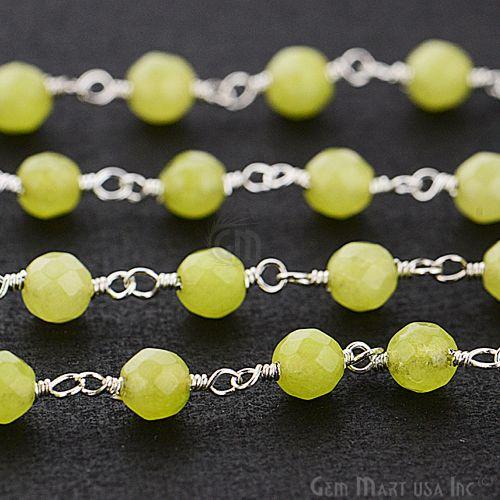 Light Green Jade Beads Silver Plated Wire Wrapped Rosary Chain (763851931695)