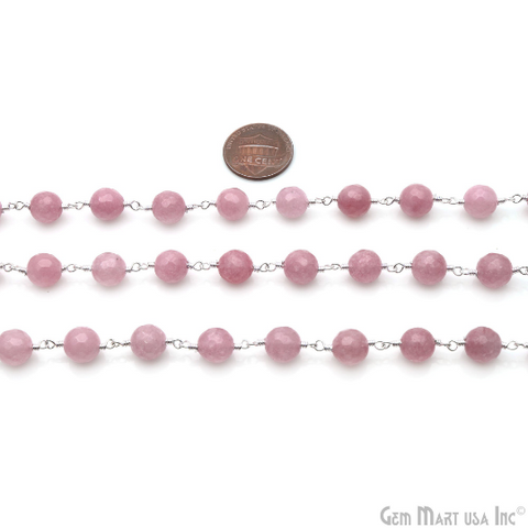 Dark Pink Jade 8mm Silver Plated Round Faceted Rosary Chain