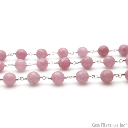 Dark Pink Jade 8mm Silver Plated Round Faceted Rosary Chain