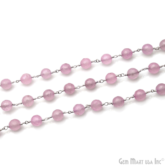 Light Pink Jade 8mm Silver Plated Round Faceted Rosary Chain